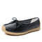 Women Breathable Hollow Leather Round Toe Butterfly Knot Flats - Black