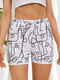 Plus Size Women Line Drawing Abstract Face Print Home Shorts Pajamas Bottoms - White