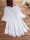 Jacquard Pleated Lace Hollow Out V-neck Plus Size Blouse - White