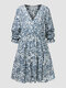 Plus Size Crossed Front Design Print Dress - Light Blue