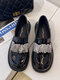 Women Casual Fashion Rhinestone Decor Comfortable Loafers Flat Shoes - Glossy Black