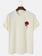 Mens Rose Floral Chest Print Cotton Short Sleeve T-Shirts - Beige