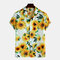 Mens Sunflower Printing Breathable Casual Turn Down Collar Short Sleeve Shirts - White