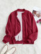 Solid Color Zip Front Round Neck Pocket Plush Jacket - Wine Red
