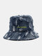 Unisex Denim Letter Pattern Embroidery Damaged Made-old Fashion Bucket Hat - Dark Blue
