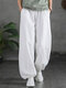 Solid Color Elastic Waist Pocket Casual Cotton Pants - White