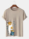 Мужские футболки в японском стиле Кот с принтом и круглым вырезом Шея Хлопковые футболки с короткими рукавами - Хаки