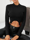 Solid Color Metallic Buckle Long Sleeve Crop Top For Women - Black
