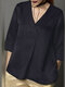 Solide Damen-Bluse mit V-Ausschnitt und plissiertem Satin mit 3/4-Ärmeln - Dunkelblau