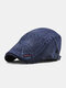 Men Washed Cotton Solid Color Embroidery Thread Adjustable Casual Beret Flat Cap - Blue