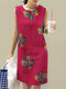 Women Flower Print Sleeveless Crew Neck Vintage Dress - Pink