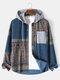 Mens Vintage Paisley Pattern Patchwork Corduroy Long Sleeve Hooded Shirts - Blue