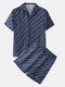 Navy Stripe Pajamas Sets Two Pieces Business Style Faux Silk Loungewear for Men - Navy