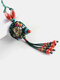 Vintage Round Flower Shape Pendant With Beaded Tassel Hand-woven Ceramics Alloy Long Sweater Necklace - Green