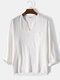 Mens Simple Solid 100% Cotton V-Neck Long Sleeve Shirt - White