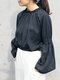 Solid Long Puff Sleeve Lettuce Edge Crew Neck Blouse - Navy