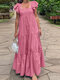Women Solid Tiered Square Collar Ruffle Sleeve Maxi Dress - Pink