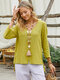 Solid Color Asymmetrical Slit V-neck Long Sleeve Casual Blouse for Women - Green