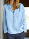 Solid Pocket Button Front V-neck Long Sleeve Blouse - Blue