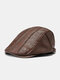 Collrown Men PU Patchwork Cross Embroidery Thread Side Adjustable Casual Sunshade Beret Flat Cap - Brown