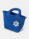 Women Plush Casual Flower Ornament Multi-Carry Solid Color Handbag Tote - Blue