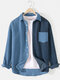 Mens Patchwork Corduroy Contrast Color Lapel Long Sleeve Shirts With Pocket - Blue