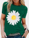 Short Sleeve Flower Print O-neck Casual T-shirt For Women - Green