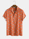 Men Fun Color Block Print Lapel Casual Holiday Short Sleeve Shirt - Orange