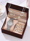 4 Pcs Combination Women Watch Set Full Diamond Round Watch Pearl Bracelet Earrings Necklace Gift Kit - Silver