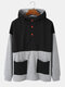Mens Color Block Patchwork Button Up Double Pockets Casual Hoodie - Black