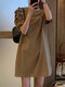 Solid Pleats Puff Sleeve Crew Neck Casual Dress - Coffee