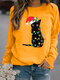 Christmas Black Cat Print Long Sleeves O-neck Sweatshirt For Women - Yellow