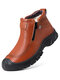 Men Microfiber Leather Side-zip Plush Lining Non Slip Casual Ankle Boots - Brown