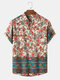 Mens Vintage Ditsy Floral Print Half Button Short Sleeve Henley Shirts - Beige