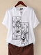 Cartoon Printed Button Fly Short Sleeve Stand Collar Blouse - White
