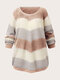 Plus Size Contrast Color Round Neck Knitted Casual Sweater - Pink