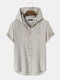 Mens Solid Color Textured Short Sleeve Drawstring Hooded Shirts - Gray