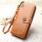 Women Trifold Oil Wax Leather Long Purse Solid Vintage Phone Bag 13 Card Holder Clutch Bag - Brown