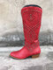 Women Pointed Toe Rivet Pattern Retro Slip On Chunky Heel Cowboy Boots - Red