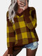 Plaid Print V-neck Long Sleeves Casual Sweater for Women - Yellow