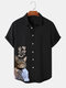 メンズ漫画猫の図プリントボタンアップ半袖シャツ冬 - 黒