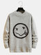 Mens Smile Face Print Crew Neck Knit Cotton Casual Pullover Sweaters - Gray