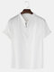 Mens Solid Color Cotton Linen Stand Collar Casual Short Sleeve Henley Shirts - White