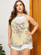 Lace Floral Print Halter Sleeveless Plus Size Tank Top for Women - Beige