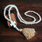 10mm Wooden Beads Long Necklace Bohemian Geometric Cross Beaded Tassel Pendant Necklace - Khaki