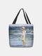 Women Girl Beach Pattern Print Shoulder Bag Handbag Tote - Blue