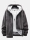 Mens Corduroy Pure Color Zip Front Plush Lined Casual Hooded Jacket - Gray