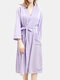 Women Pure Color Waffle V-Neck Double Pockets Robes Pajamas With Belt - Purple