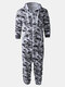 Men Camo Thick Hooded Track Onesies Loungewear Zipper Casual Jumpsuit With Pockets - Gray