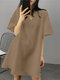 Solid A-line Bell Sleeve V-neck Loose Casual Dress - Khaki